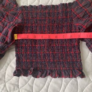 #11 Plaid ruched crop top with unique puffy sleeves.